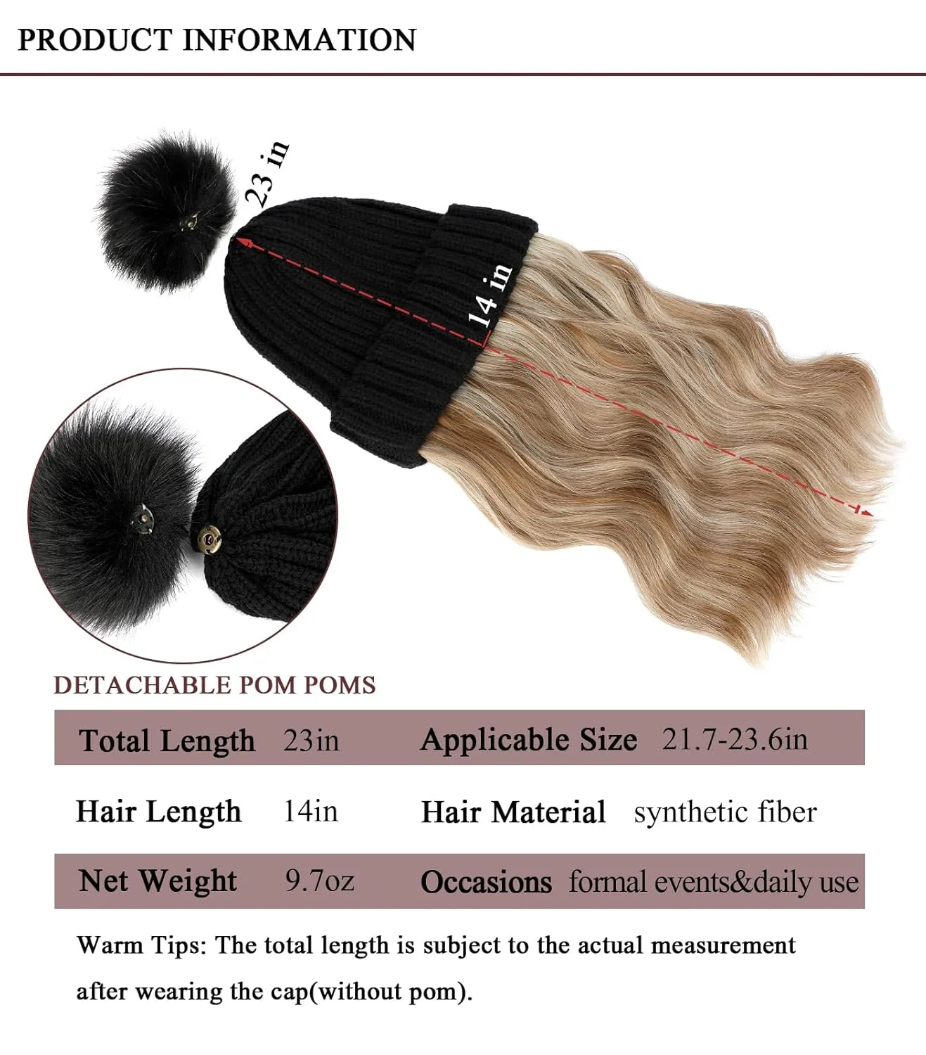 Qlenkay Beanie with 14'' Hair Extention Curly Wavy Wig Hat Rib Knit Cap Attached Synthetic Hairpiece Detachable Pom for Winter Women Ginger Brown Mix Bleach Blonde