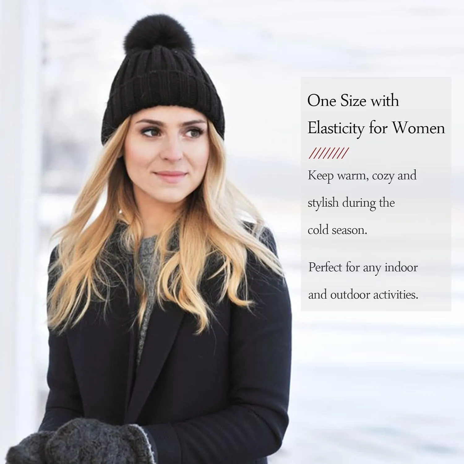 Qlenkay Beanie with 14'' Hair Extention Curly Wavy Wig Hat Rib Knit Cap Attached Synthetic Hairpiece Detachable Pom for Winter Women Ginger Brown Mix Bleach Blonde