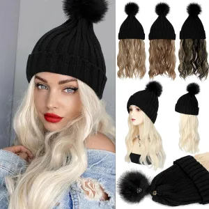 Qlenkay Beanie with 14'' Hair Extention Curly Wavy Wig Hat Rib Knit Cap Attached Synthetic Hairpiece Detachable Pom for Winter Women Ginger Brown Mix Bleach Blonde
