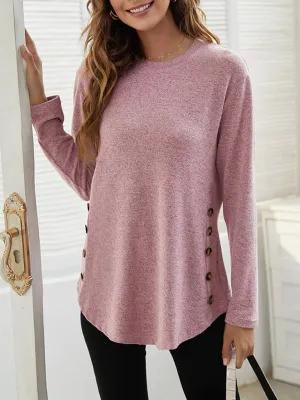 Ramona Round Neck Women's Casual Simple Button Long Sleeve T-Shirt