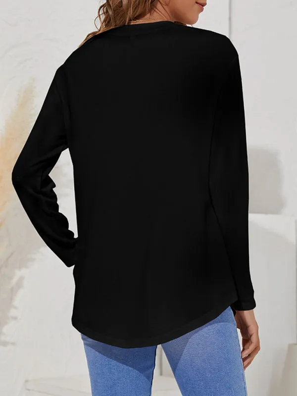 Ramona Round Neck Women's Casual Simple Button Long Sleeve T-Shirt