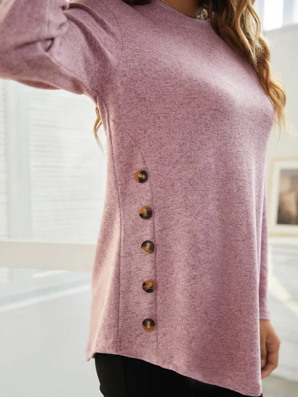 Ramona Round Neck Women's Casual Simple Button Long Sleeve T-Shirt