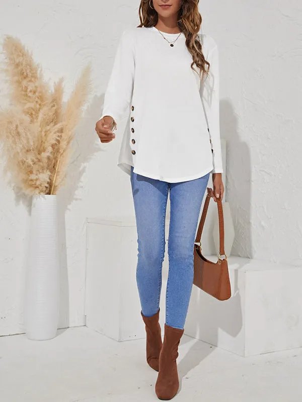 Ramona Round Neck Women's Casual Simple Button Long Sleeve T-Shirt