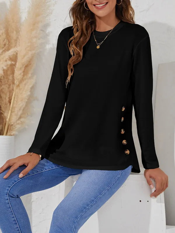 Ramona Round Neck Women's Casual Simple Button Long Sleeve T-Shirt