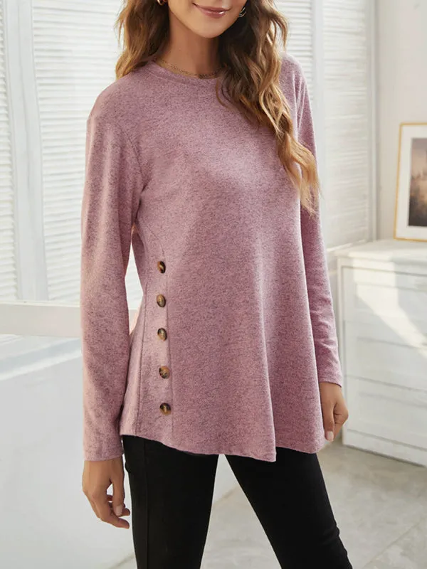 Ramona Round Neck Women's Casual Simple Button Long Sleeve T-Shirt