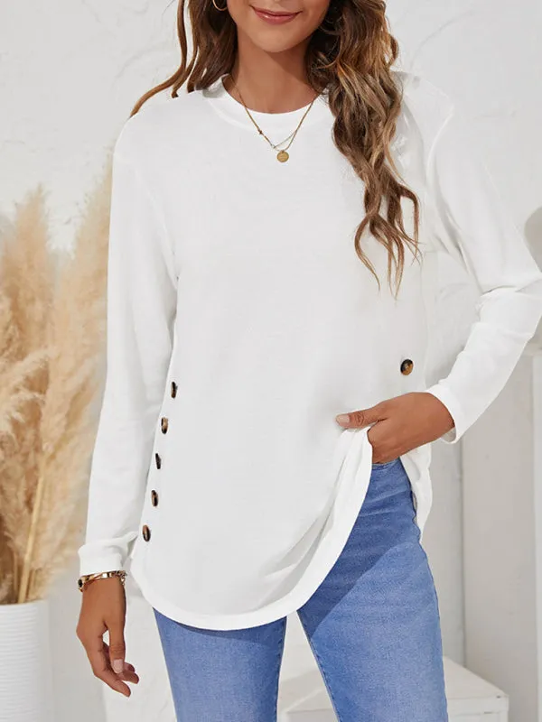 Ramona Round Neck Women's Casual Simple Button Long Sleeve T-Shirt