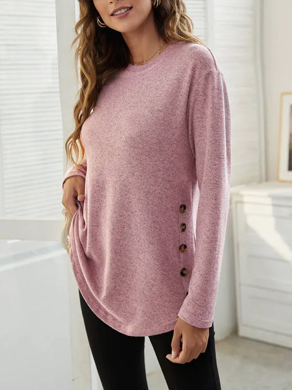 Ramona Round Neck Women's Casual Simple Button Long Sleeve T-Shirt