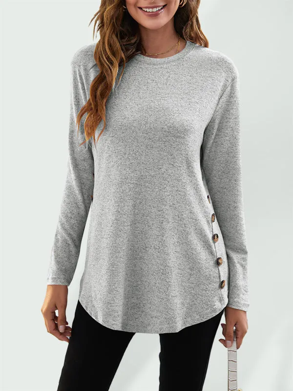Ramona Round Neck Women's Casual Simple Button Long Sleeve T-Shirt