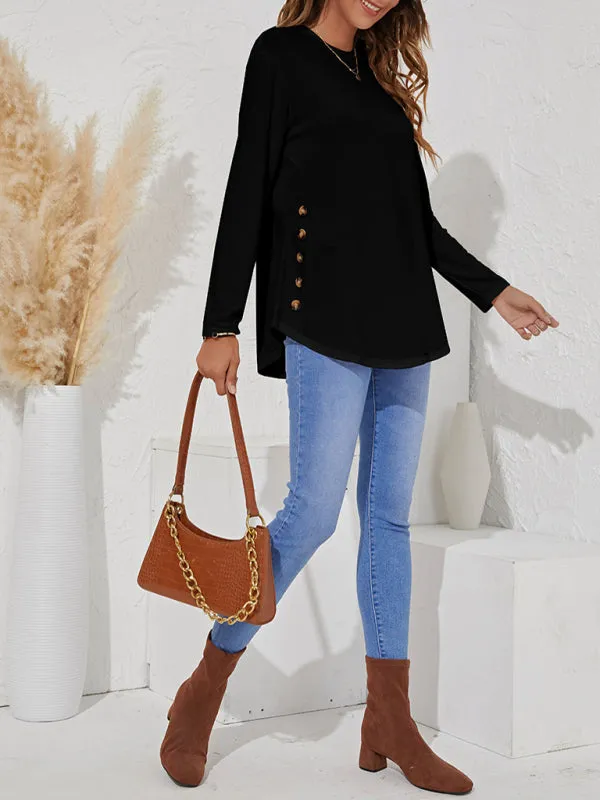 Ramona Round Neck Women's Casual Simple Button Long Sleeve T-Shirt