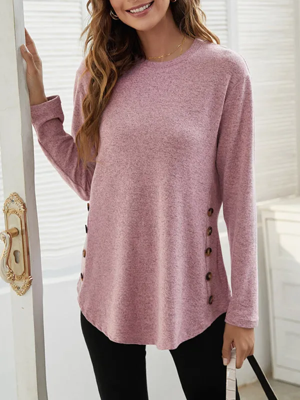 Ramona Round Neck Women's Casual Simple Button Long Sleeve T-Shirt