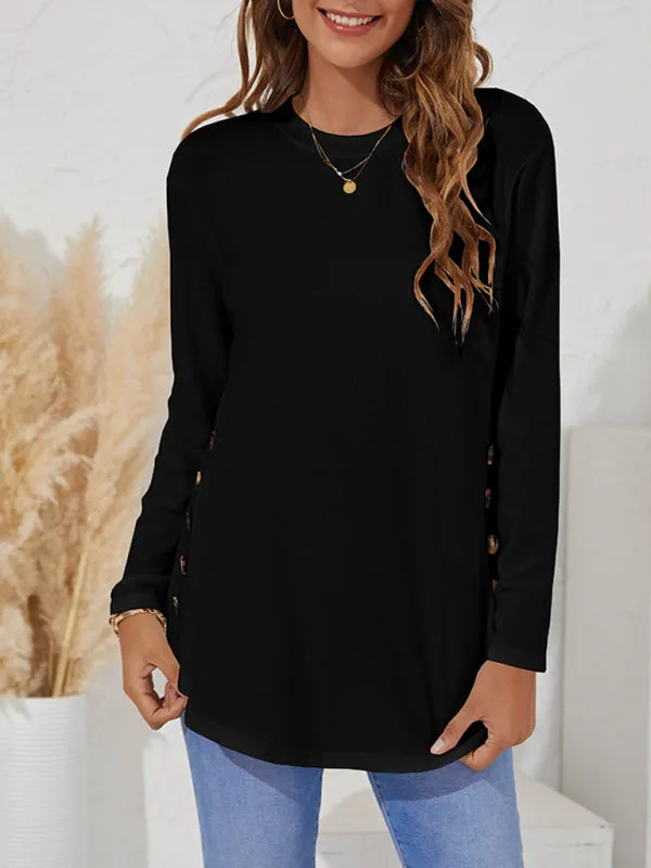 Ramona Round Neck Women's Casual Simple Button Long Sleeve T-Shirt