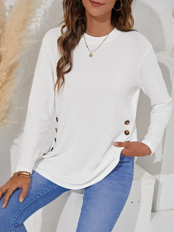 Ramona Round Neck Women's Casual Simple Button Long Sleeve T-Shirt