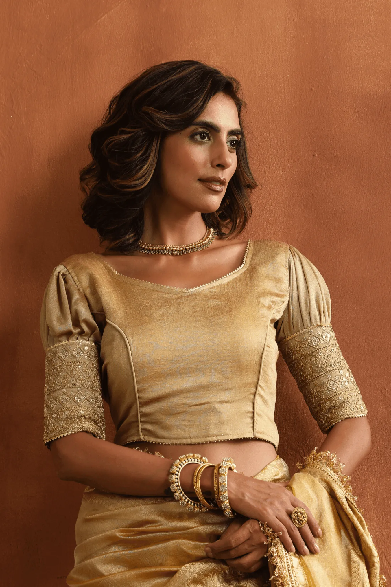 Royal Gold Puff Sleeves Readymade Blouse