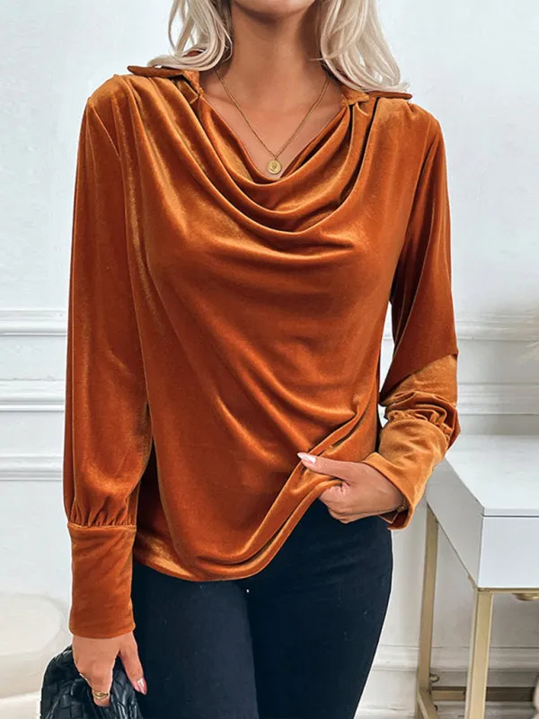 Soleil Vintage Velvet Shirt Elegant Swing Collar Women's Blouse