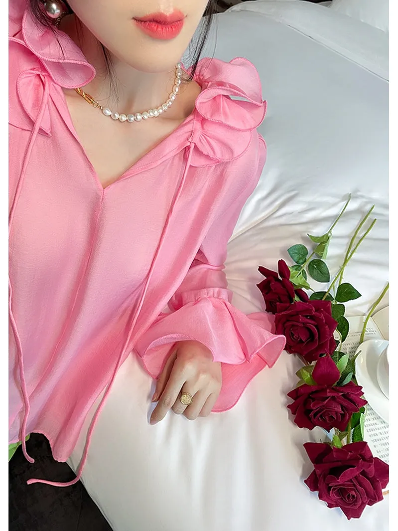Sweet powder summer lotus leaf collar loose trumpet sleeve fairy V-neck light shirt top - Tiki