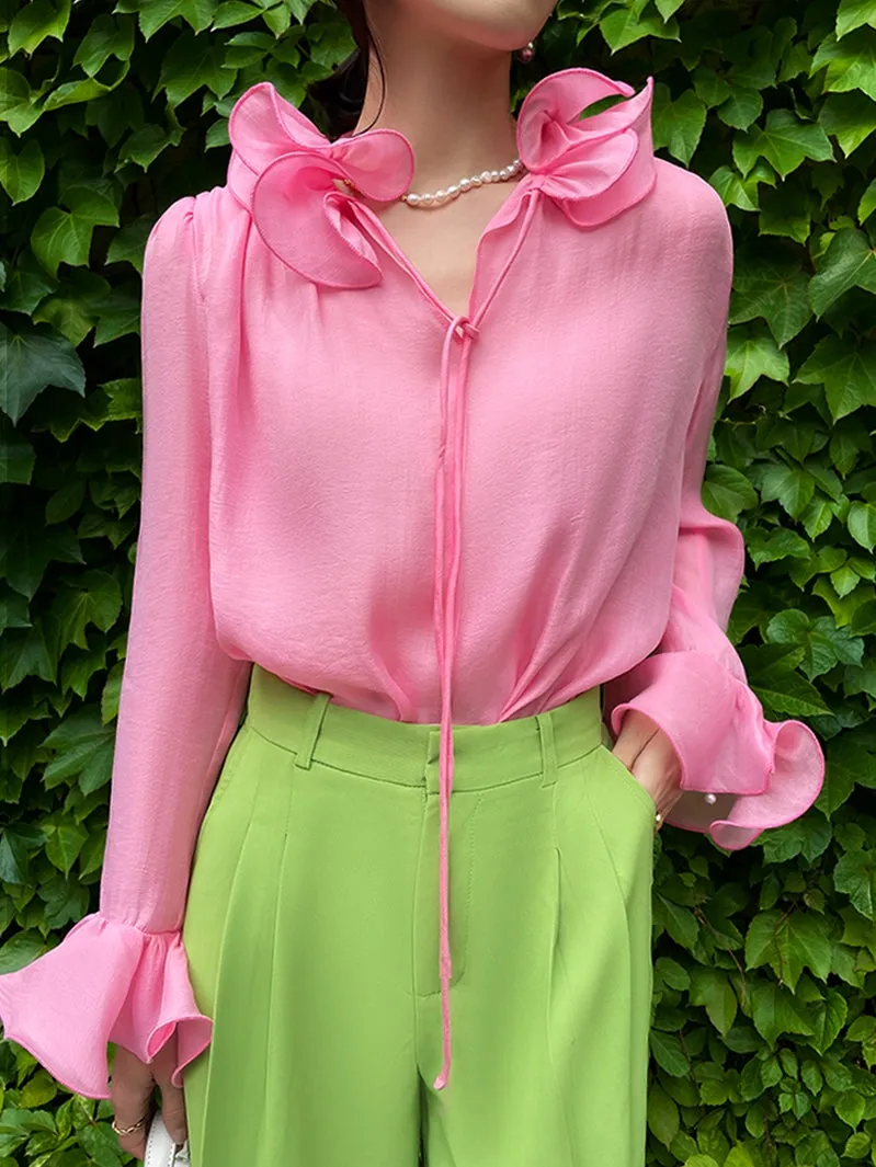 Sweet powder summer lotus leaf collar loose trumpet sleeve fairy V-neck light shirt top - Tiki