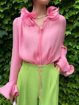 Sweet powder summer lotus leaf collar loose trumpet sleeve fairy V-neck light shirt top - Tiki