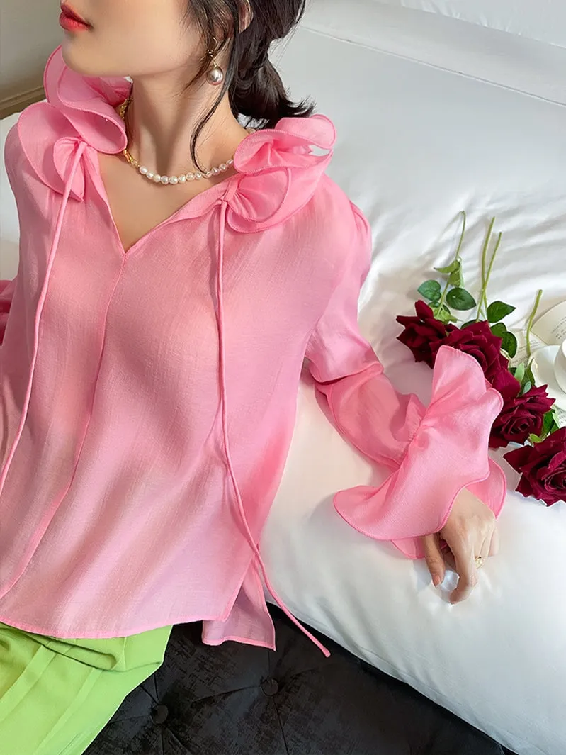 Sweet powder summer lotus leaf collar loose trumpet sleeve fairy V-neck light shirt top - Tiki