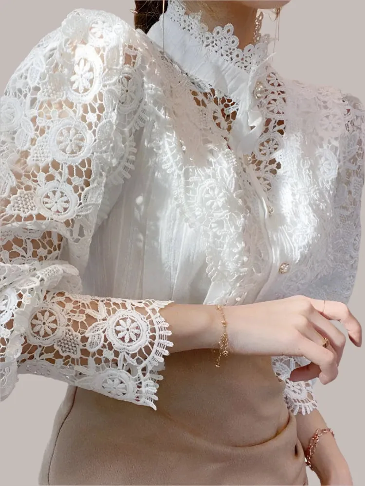 Women’s Elegant Floral Lace Chiffon Turtleneck Blouse - Fluffy Long Sleeve Oversized White Shirt 2024 Fashion