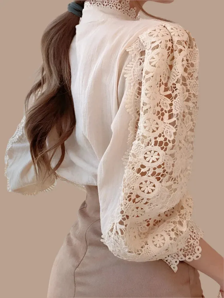 Women’s Elegant Floral Lace Chiffon Turtleneck Blouse - Fluffy Long Sleeve Oversized White Shirt 2024 Fashion