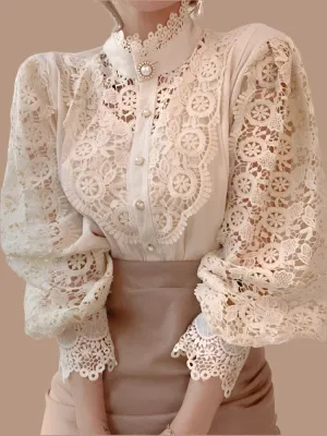 Women’s Elegant Floral Lace Chiffon Turtleneck Blouse - Fluffy Long Sleeve Oversized White Shirt 2024 Fashion