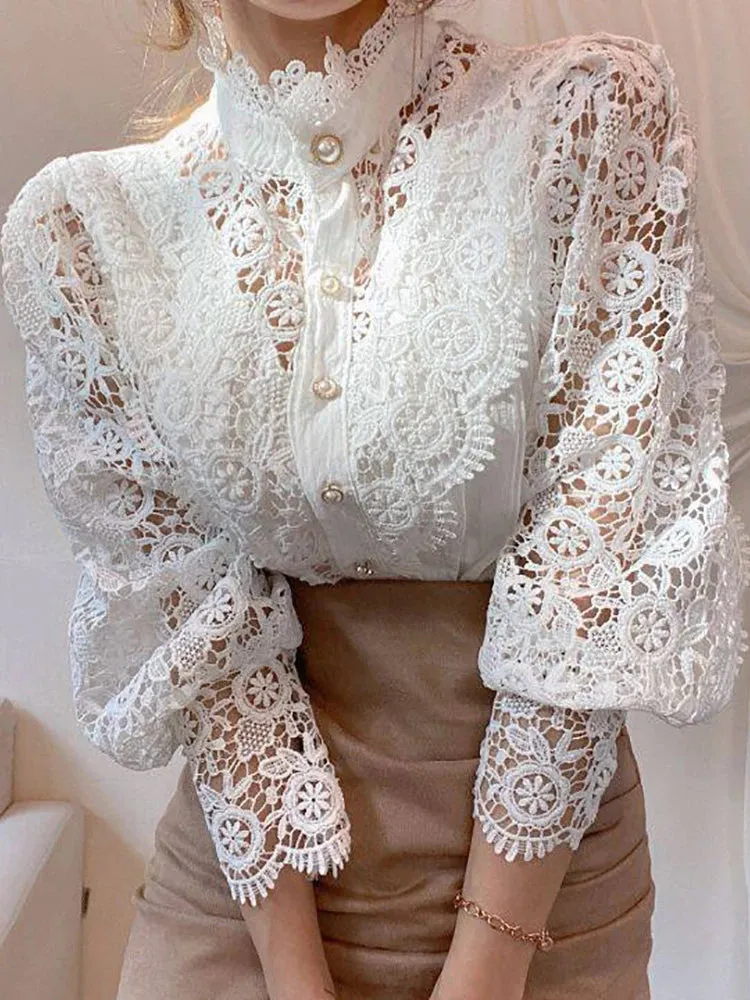 Women’s Elegant Floral Lace Chiffon Turtleneck Blouse - Fluffy Long Sleeve Oversized White Shirt 2024 Fashion