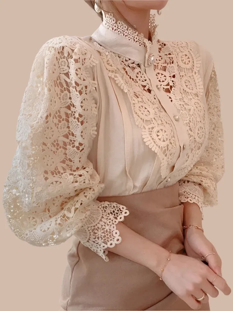 Women’s Elegant Floral Lace Chiffon Turtleneck Blouse - Fluffy Long Sleeve Oversized White Shirt 2024 Fashion