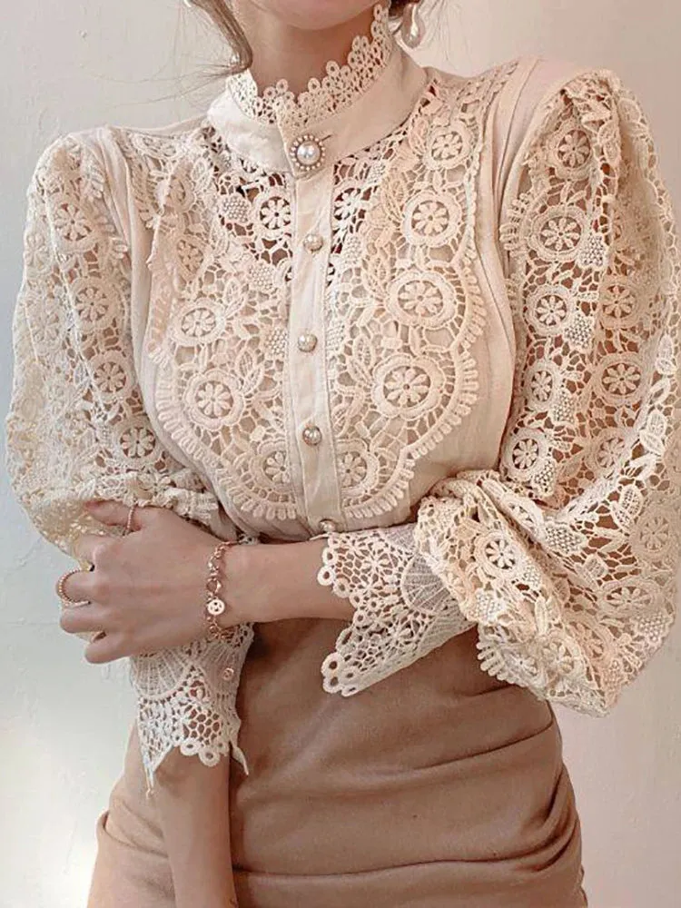 Women’s Elegant Floral Lace Chiffon Turtleneck Blouse - Fluffy Long Sleeve Oversized White Shirt 2024 Fashion