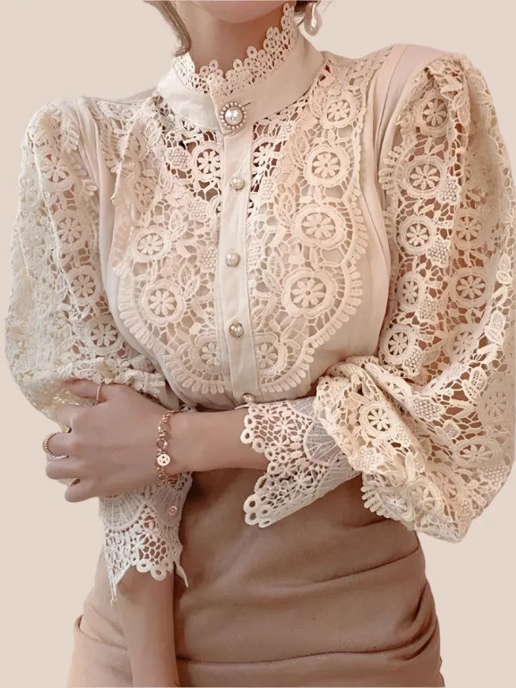 Women’s Elegant Floral Lace Chiffon Turtleneck Blouse - Fluffy Long Sleeve Oversized White Shirt 2024 Fashion