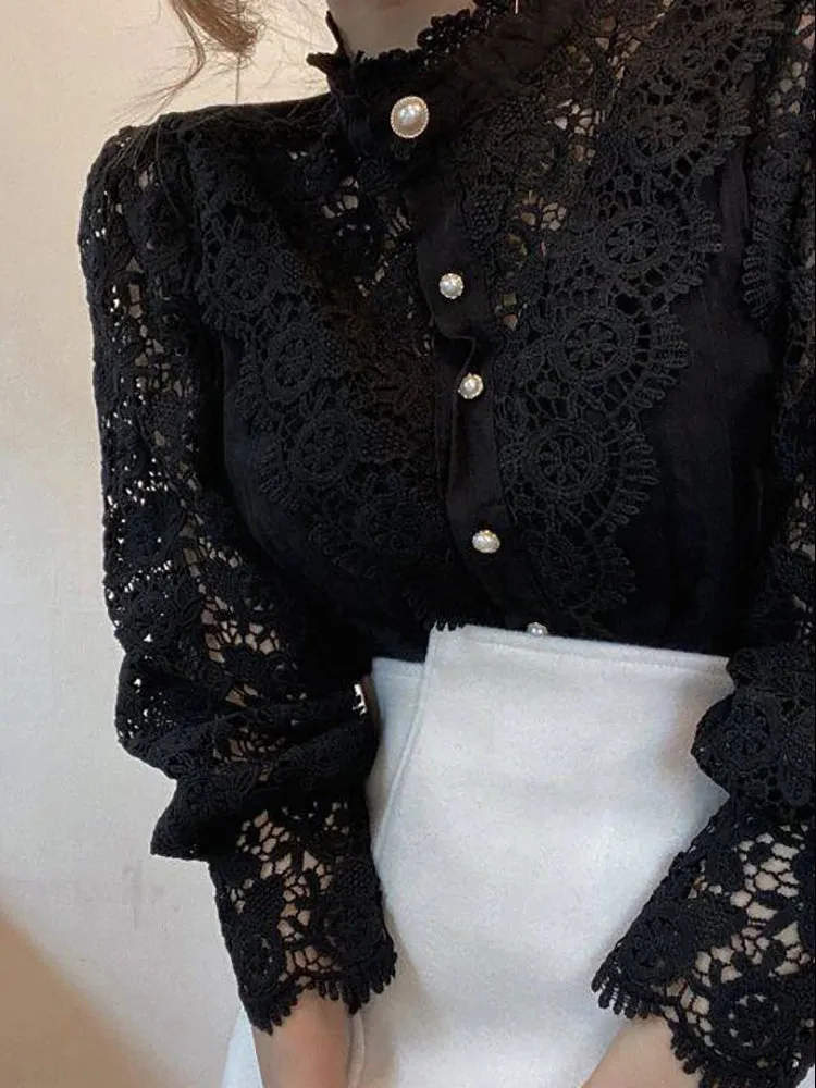 Women’s Elegant Floral Lace Chiffon Turtleneck Blouse - Fluffy Long Sleeve Oversized White Shirt 2024 Fashion
