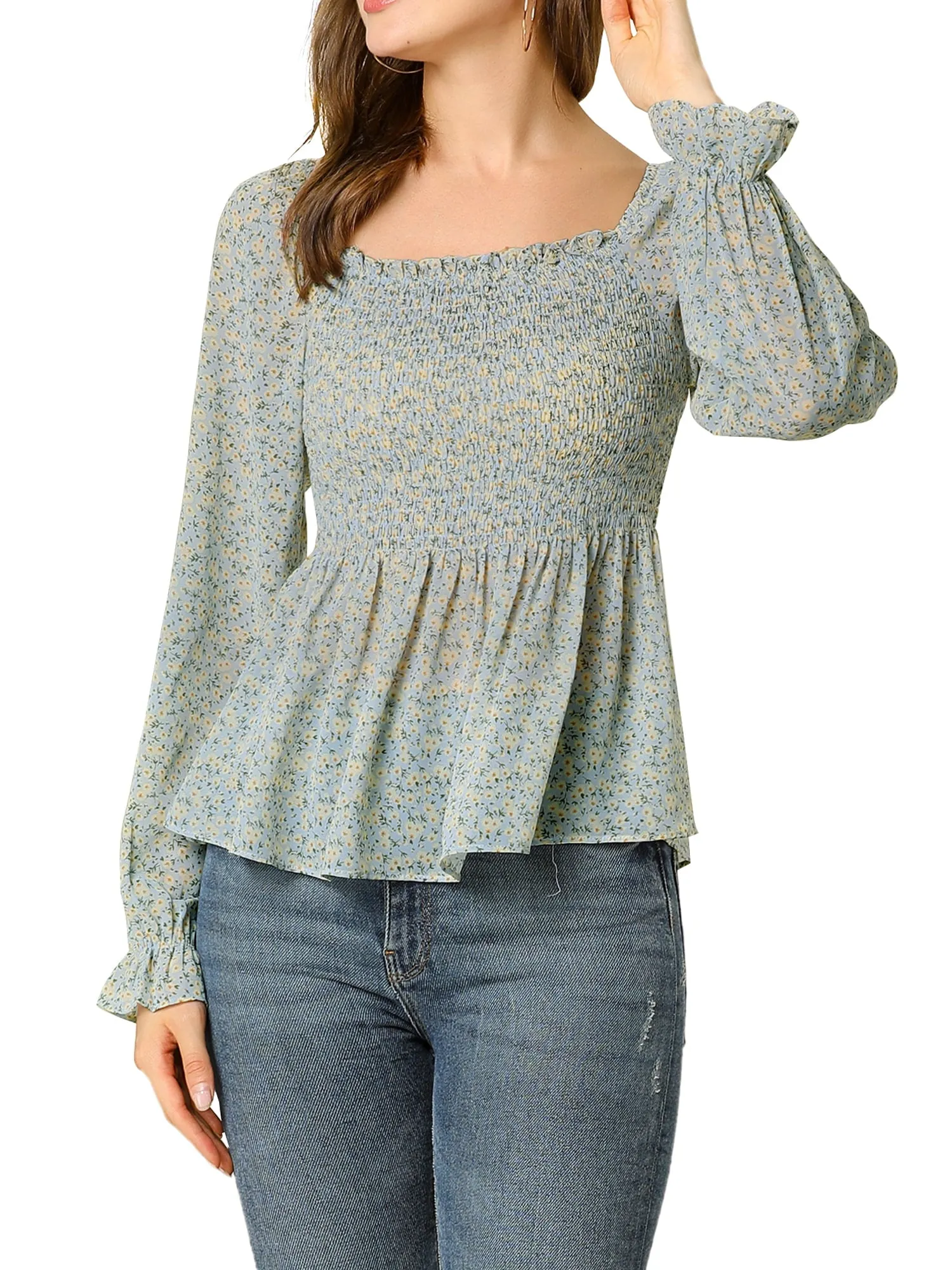Women's Off Shoulder Long Bell Sleeve Floral Print Smocked Blouse Top