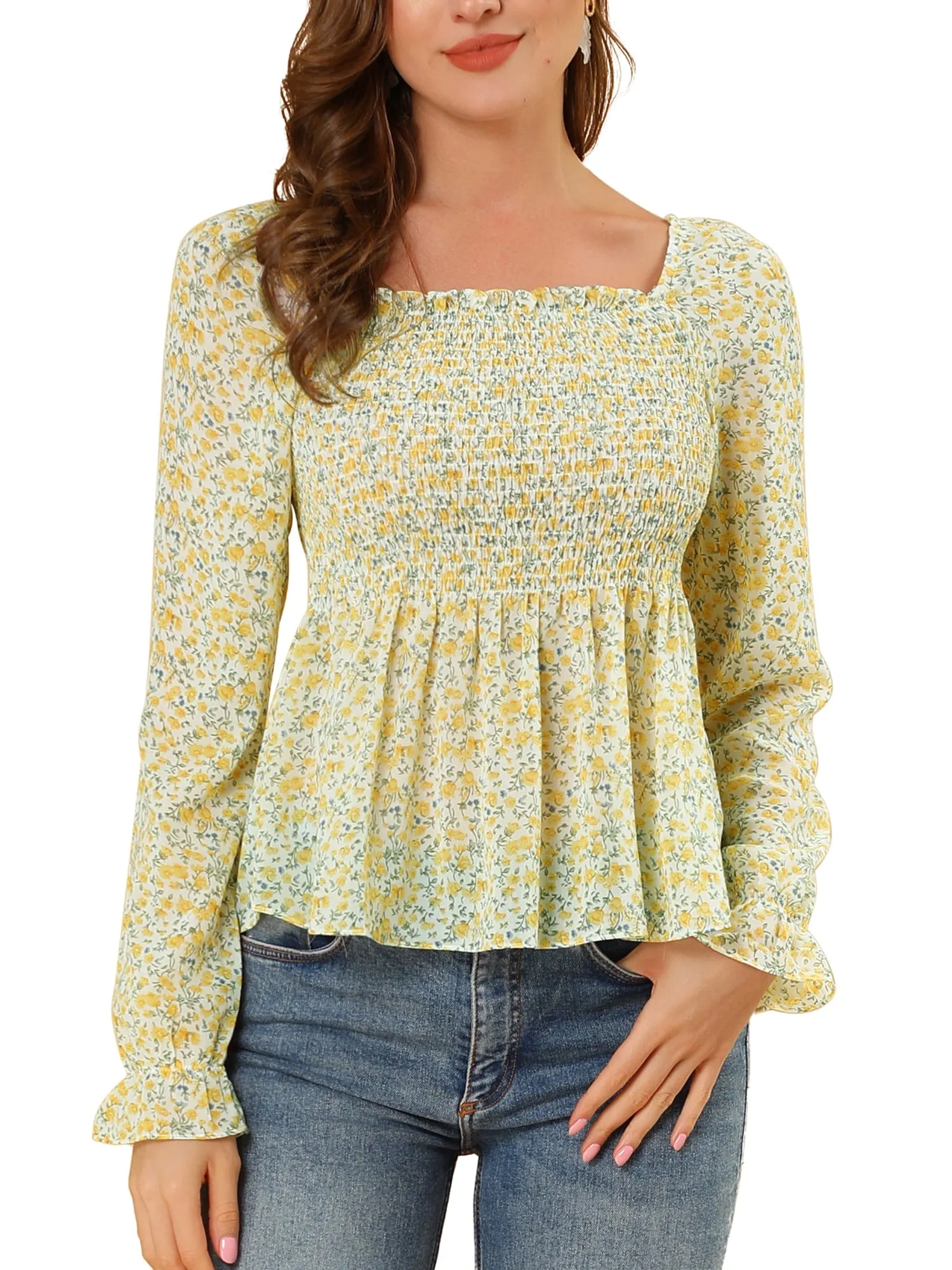 Women's Off Shoulder Long Bell Sleeve Floral Print Smocked Blouse Top