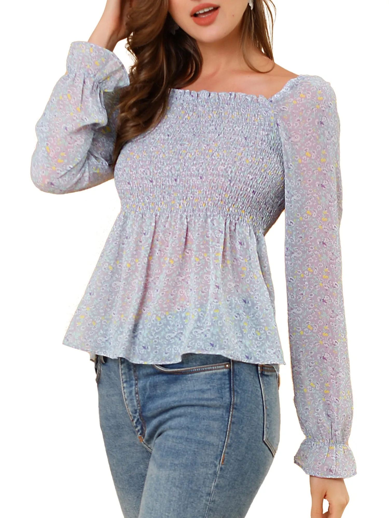 Women's Off Shoulder Long Bell Sleeve Floral Print Smocked Blouse Top