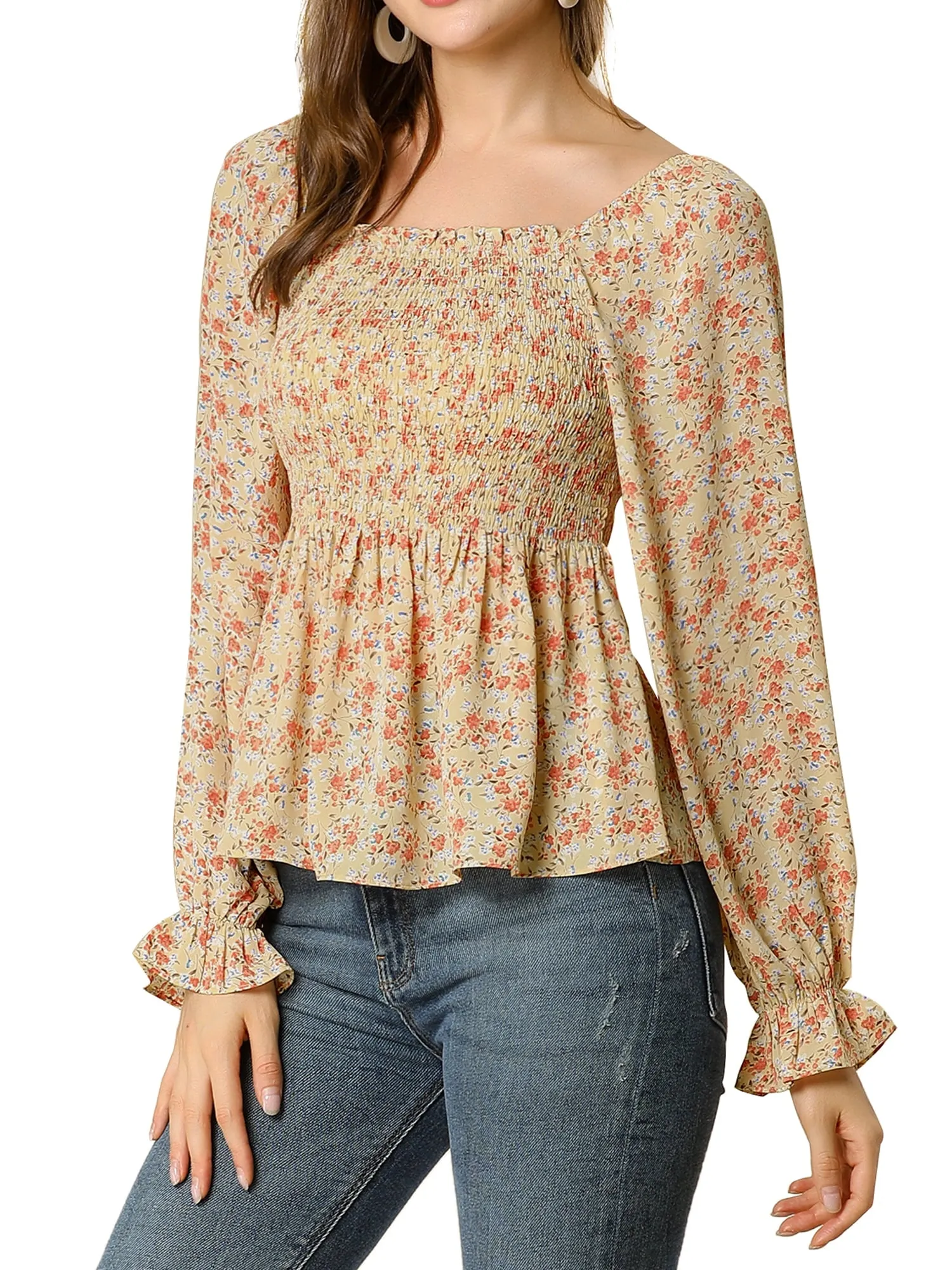 Women's Off Shoulder Long Bell Sleeve Floral Print Smocked Blouse Top