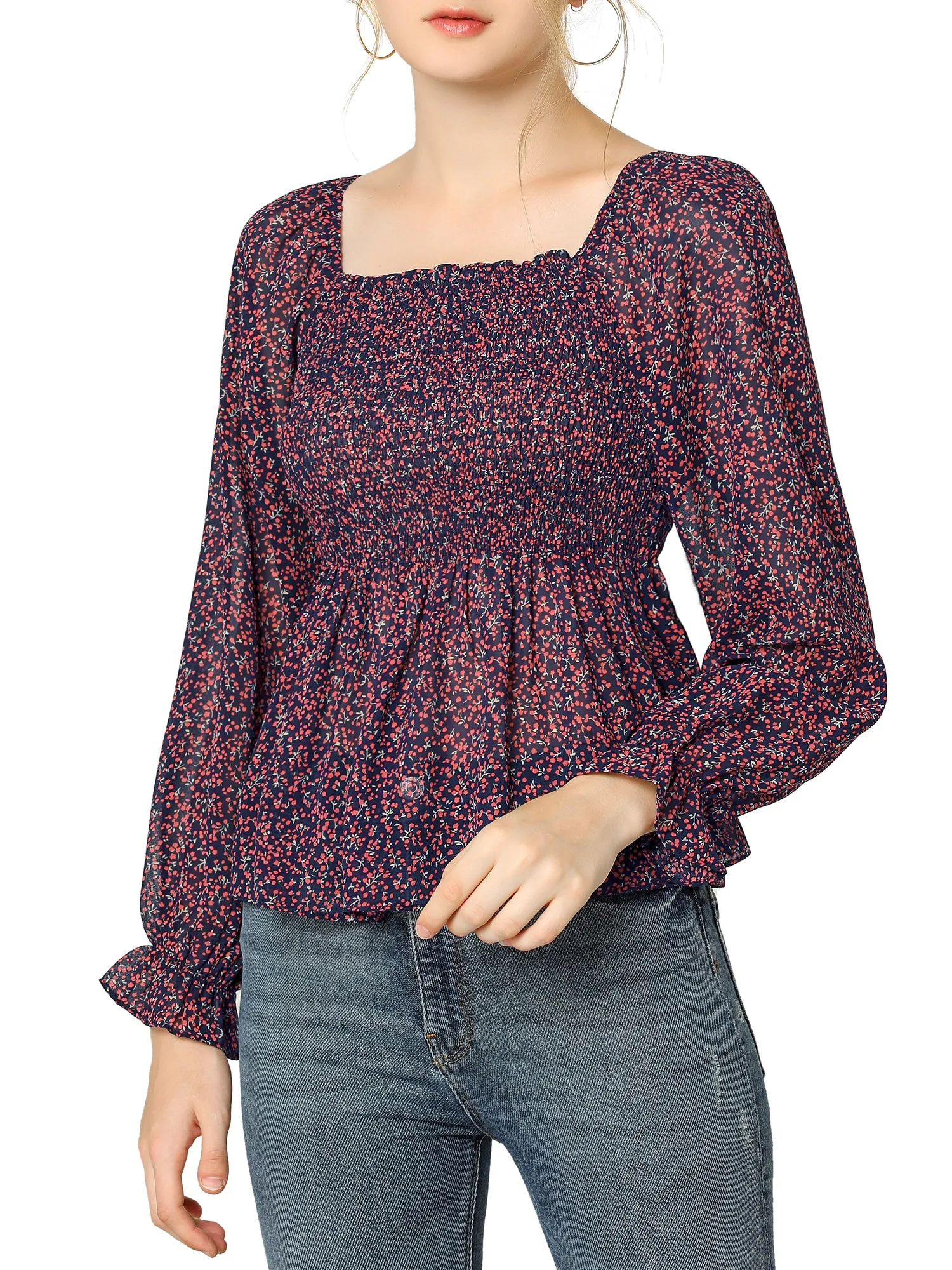 Women's Off Shoulder Long Bell Sleeve Floral Print Smocked Blouse Top