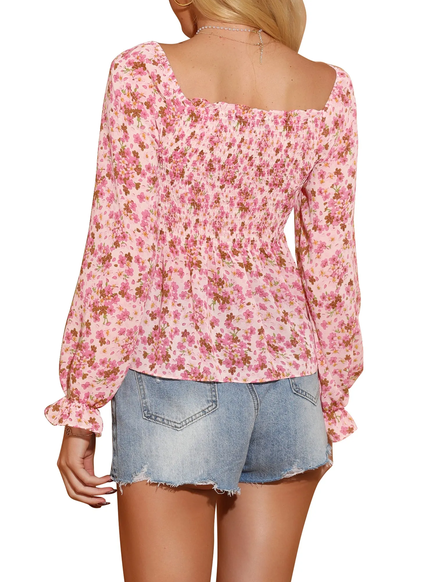 Women's Off Shoulder Long Bell Sleeve Floral Print Smocked Blouse Top