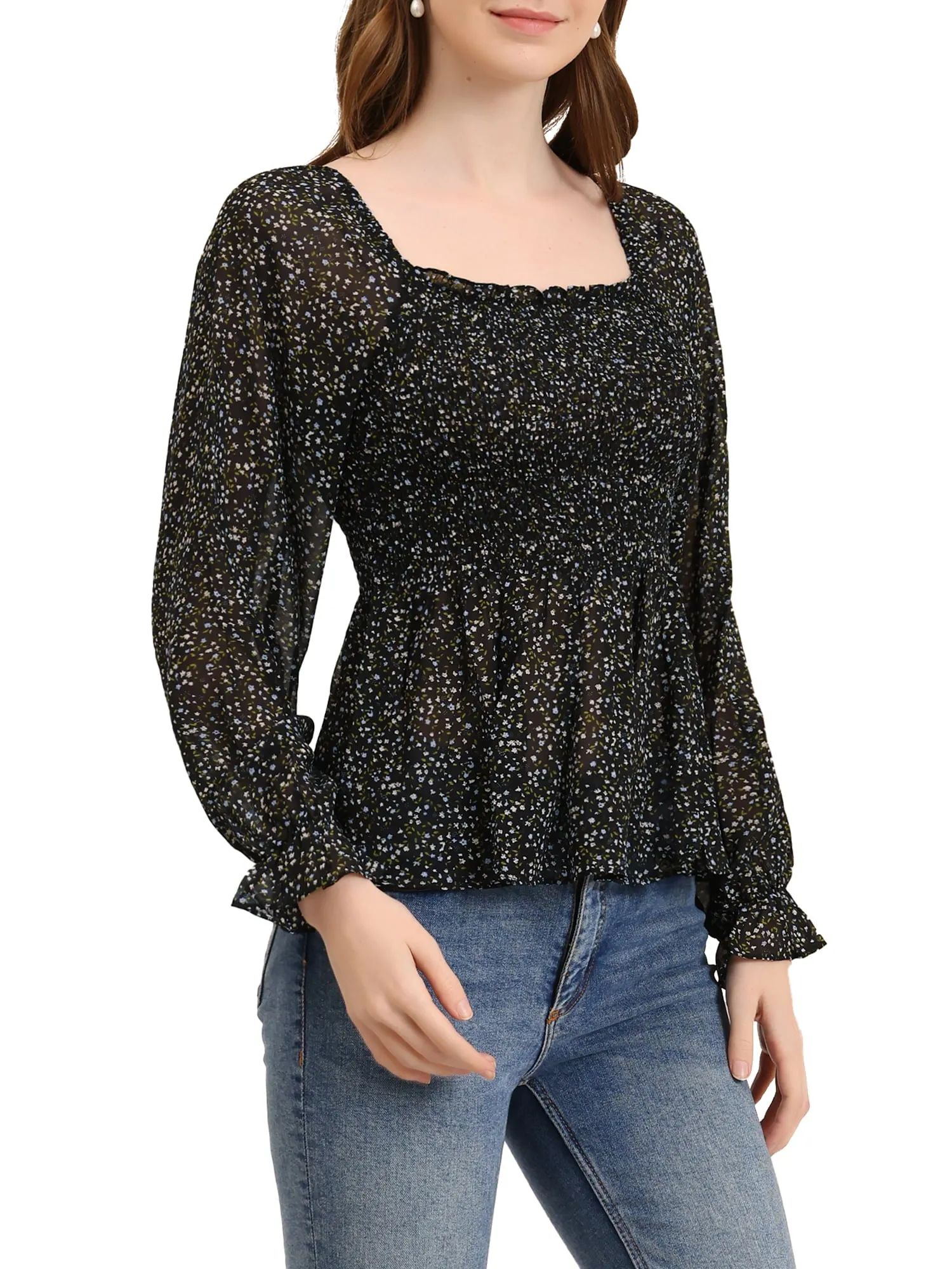 Women's Off Shoulder Long Bell Sleeve Floral Print Smocked Blouse Top